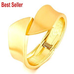 Gold Plated Chunky Bangle Bracelet with Geometric Open Cuff